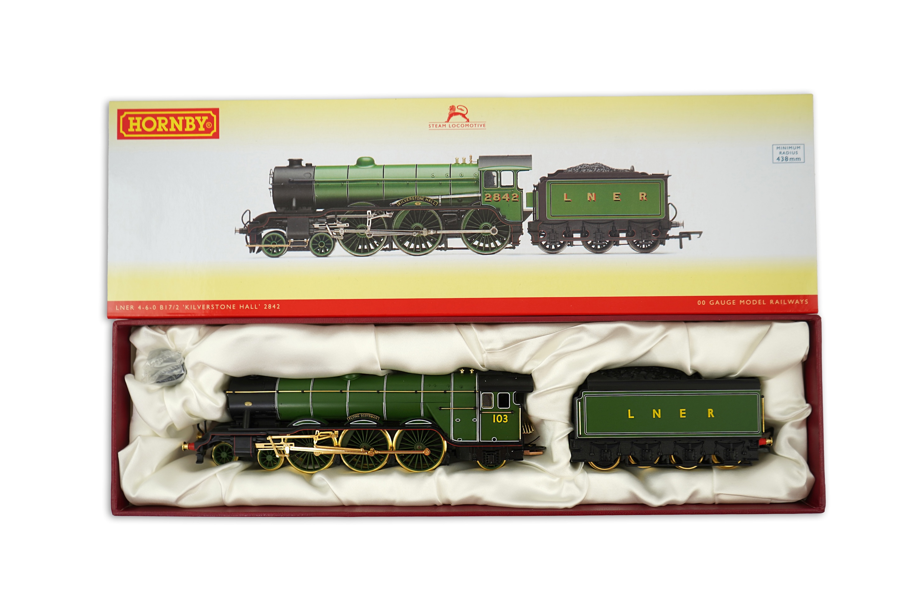 Two boxed Hornby Hobbies 00 gauge railway LNER tender locomotives; a class A3, Flying Scotsman 103, Millennium Limited Edition (R2146), together with a class B 17/2, Kilverstone Hall 2842, (R3447)